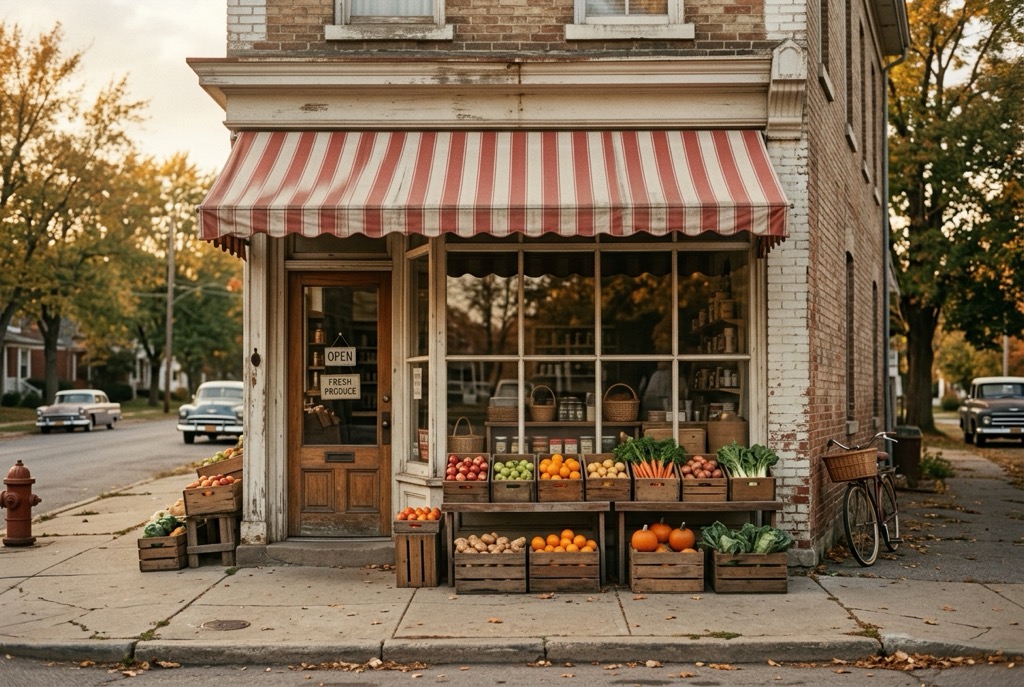 A vintage hometown grocery storefront